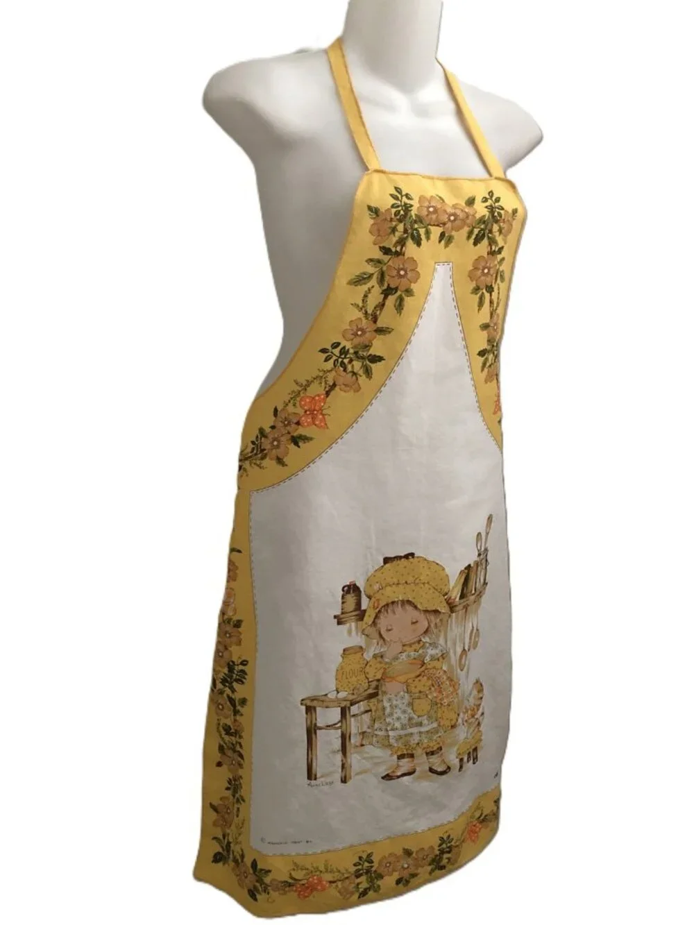 Vintage 70s Bib Apron Anne Liese Sweet Bonnet Wearing Girl with Kitten
